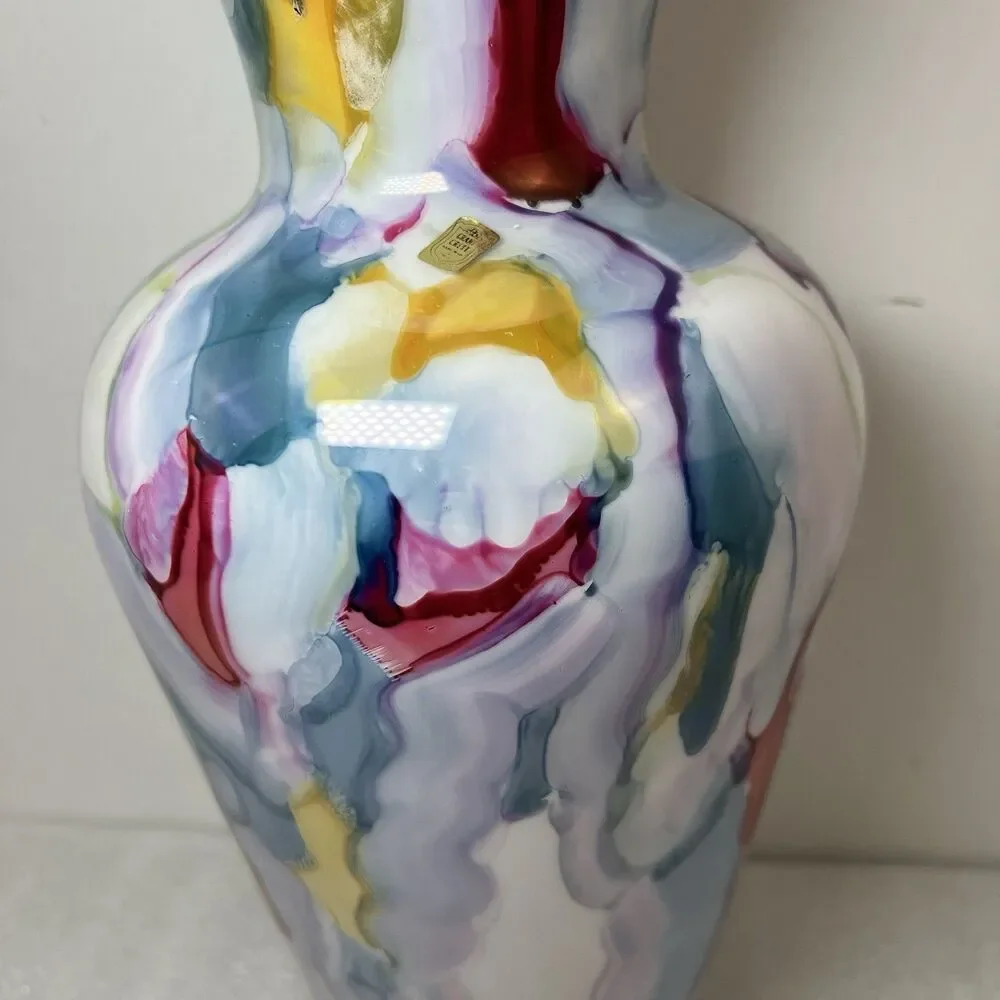 VTG Crane Crest Hand Blown Art Glass Vase Italy Murano Style Splatter MultiColor